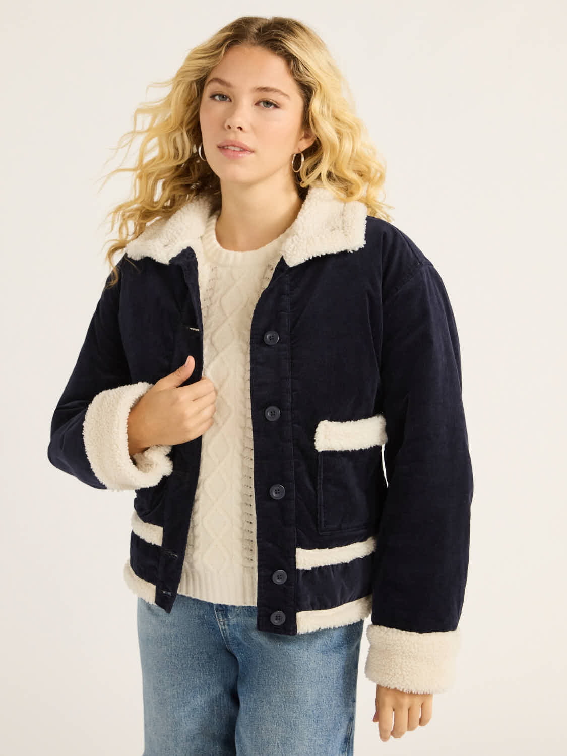 Free Assembly Women's and Women's Plus Corduroy Jacket with Faux Shearling Trim, Sizes XS-4X