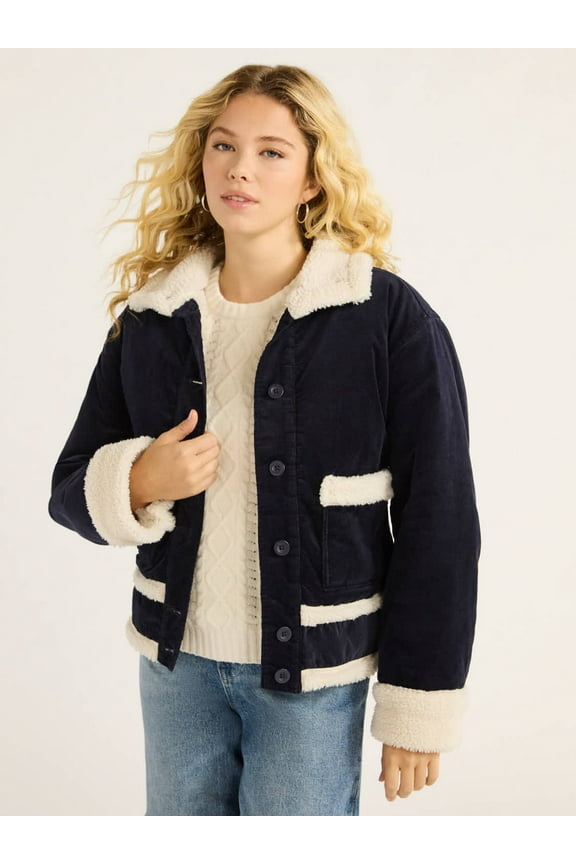 Women's and Women's Plus Corduroy Jacket with Faux Shearling Trim, Sizes XS-4X