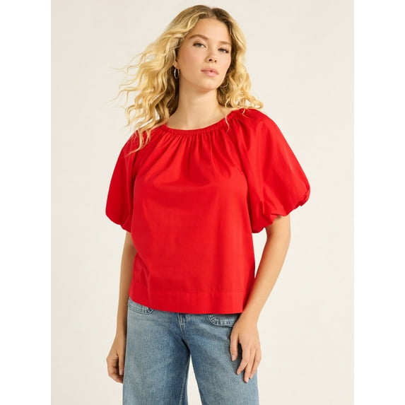 Free Assembly Women’s and Women's Plus Cotton Blouse with Short Puff Sleeves, Sizes XS-4X