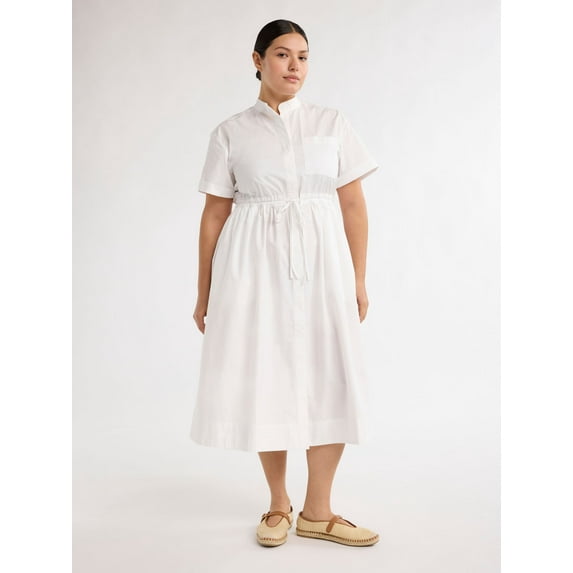 Free Assembly Women's and Women's Plus Cotton Double Tie Utility Midi Dress with Short Sleeves, Sizes XS-4X