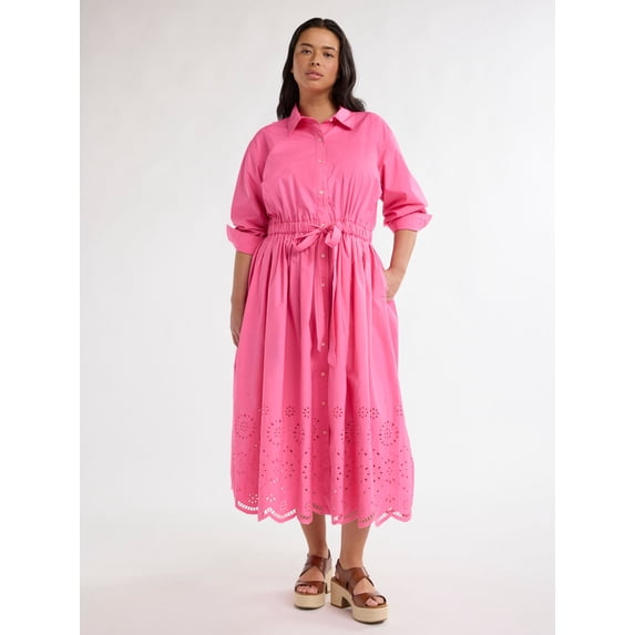 Free Assembly Women’s and Women's Plus Cotton Eyelet Maxi Shirtdress, Sizes XS-4X