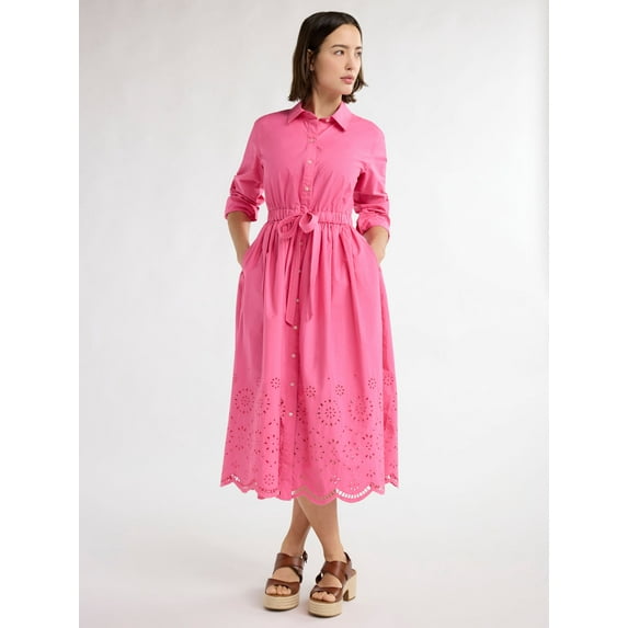 Free Assembly Women’s and Women's Plus Cotton Eyelet Maxi Shirtdress, Sizes XS-4X