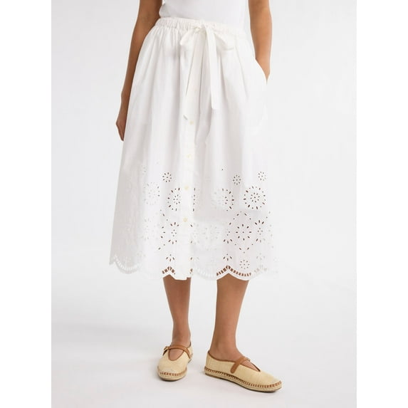 Free Assembly Women's and Women's Plus Cotton Eyelet Midi Skirt, Sizes XS-4X