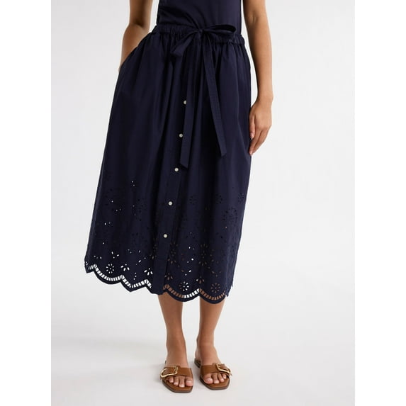 Free Assembly Women's and Women's Plus Cotton Eyelet Midi Skirt, Sizes XS-4X