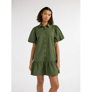 Free Assembly Women’s and Women's Plus Cotton Ruffle Mini Dress with Puff Sleeves, Sizes XS-4X