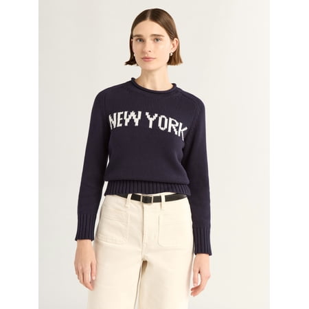 Free Assembly Women's and Women's Plus Cotton Saddle Shoulder Sweater with Long Sleeves, Sizes XS-4X