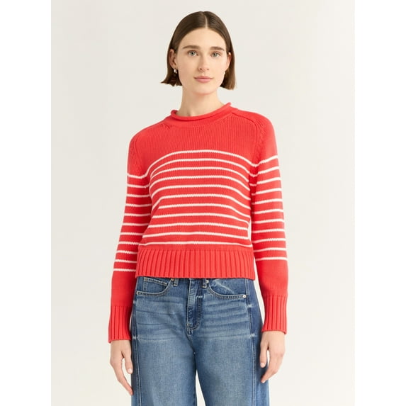 Free Assembly Women's and Women's Plus Cotton Saddle Shoulder Sweater with Long Sleeves, Sizes XS-4X