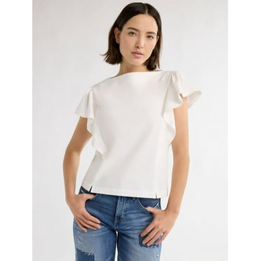 Free Assembly Women’s and Women's Plus Cotton Tee with Short Flutter Sleeves, Sizes XS-4X