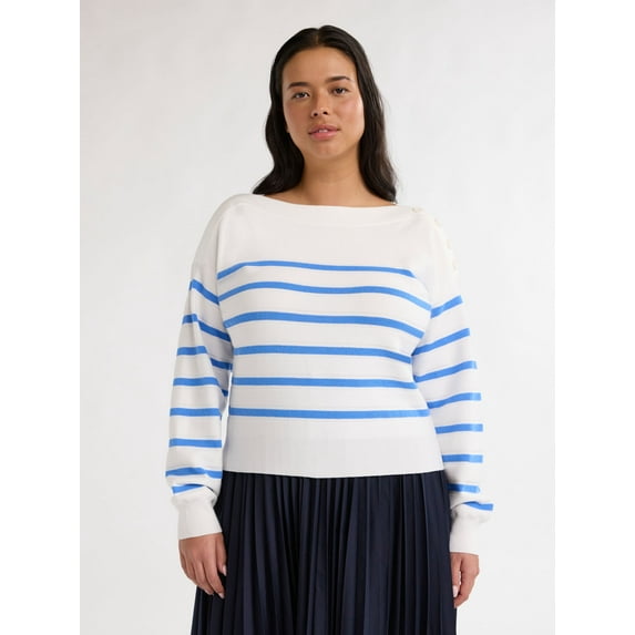 Free Assembly Women’s and Women's Plus Cropped Button Shoulder Sweater with Long Sleeves, Lightweight, Sizes XS-3X