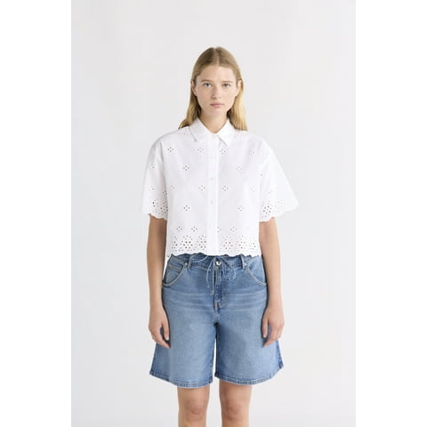 Free Assembly Women's and Women's Plus Cropped Cotton Eyelet Shirt, Sizes XS-4X