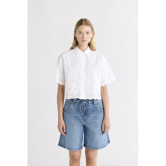 Free Assembly Women's and Women's Plus Cropped Cotton Eyelet Shirt, Sizes XS-4X