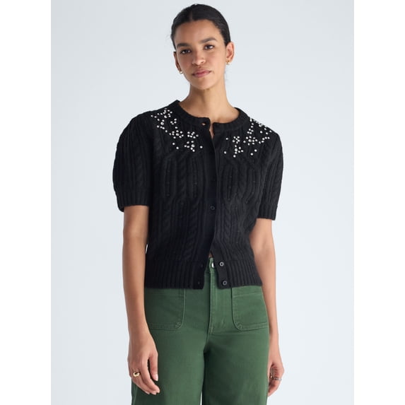 Free Assembly Women's and Women’s Plus Embellished Cable Knit Cardigan, Midweight, XS-4X