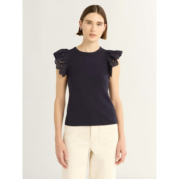 Free Assembly Women's and Women's Plus Eyelet Flutter Sleeve Tee, Sizes XS-4X