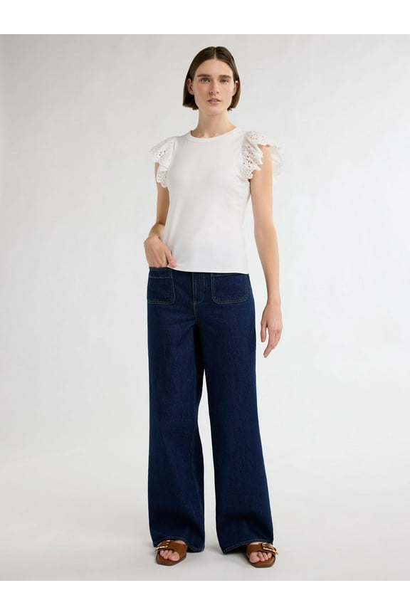 Women's and Women's Plus Eyelet Flutter Sleeve Tee, Sizes XS-4X