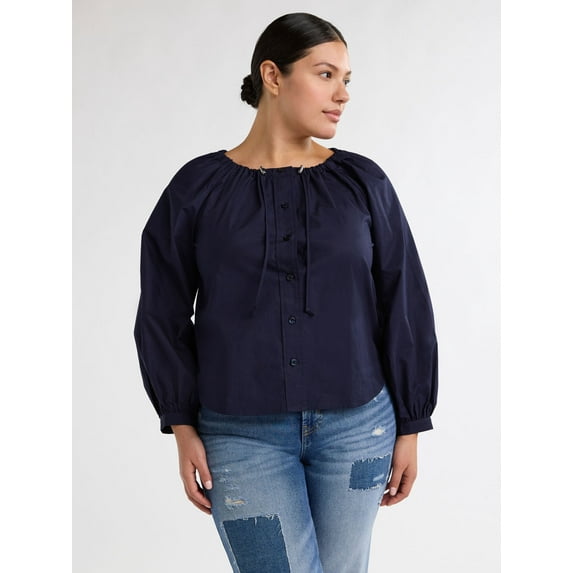 Free Assembly Women's and Women's Plus Gathered Neck Cotton Top with Long Sleeves, XS-4X