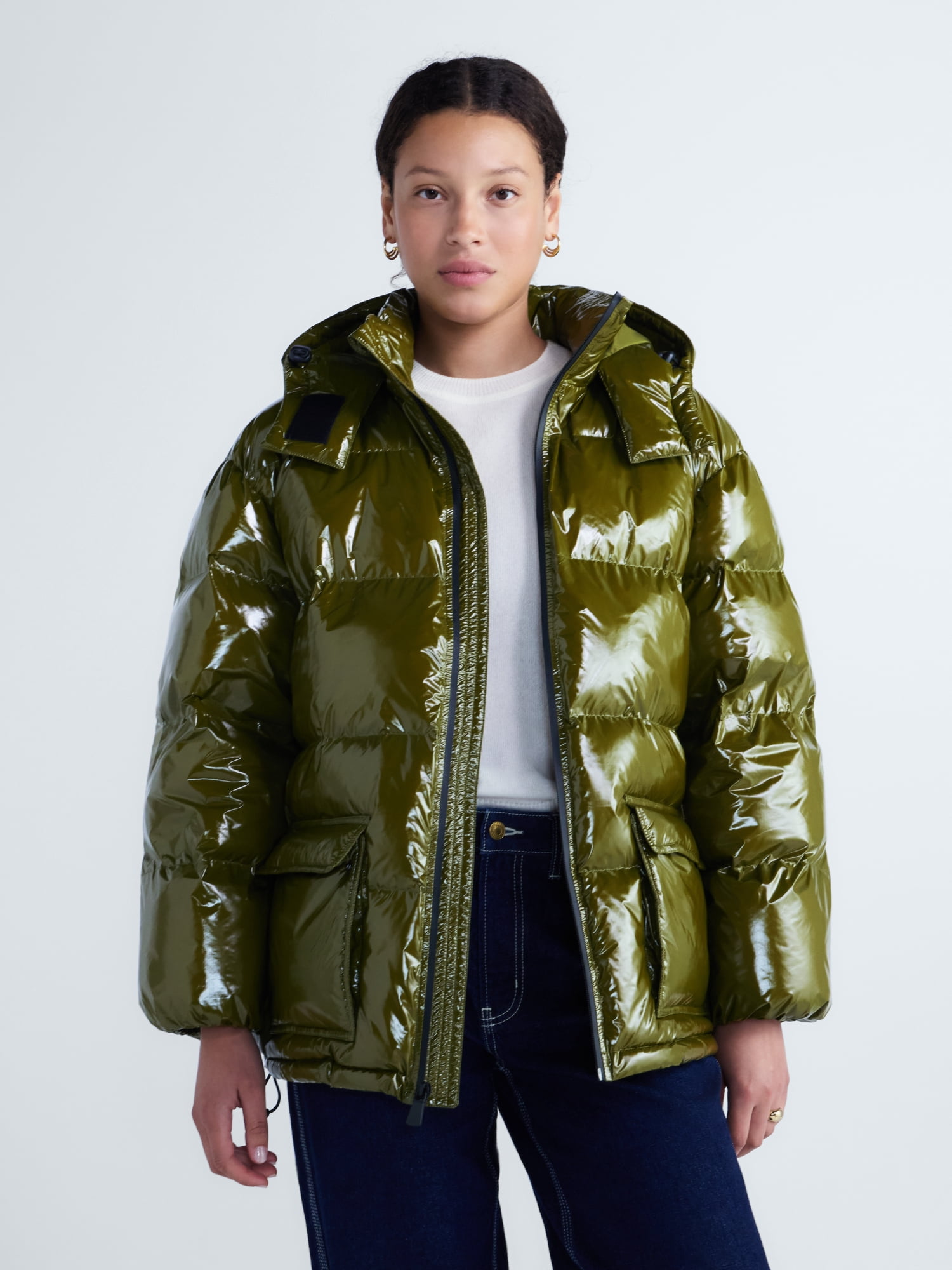 Free Assembly Women's High Gloss Puffer Parka Jacket with Hood, Sizes XXS-XXL