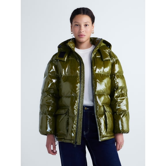 Free Assembly Women's High Gloss Puffer Parka Jacket with Hood, Sizes XXS-XXL