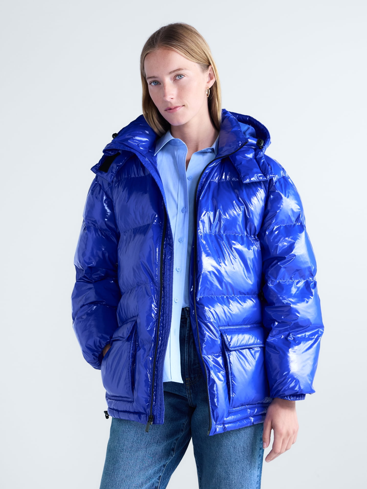 Women's High Gloss Puffer Parka Jacket with Hood, Sizes XXS-XXL