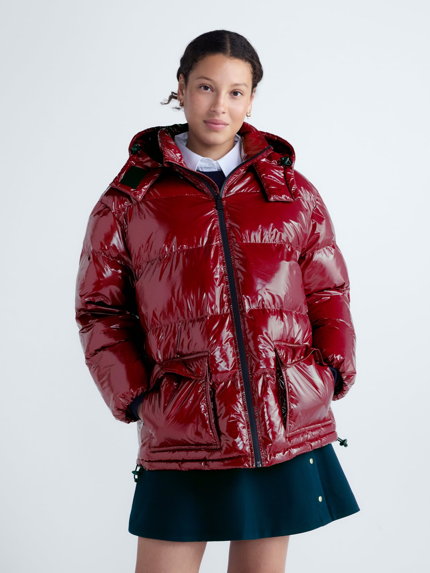 Free Assembly Women's High Gloss Puffer Parka Jacket with Hood, Sizes XXS-XXL