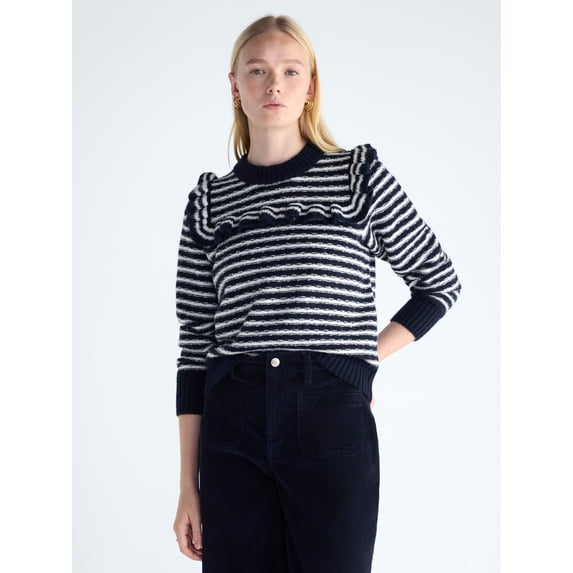 Free Assembly Women’s and Women's Plus Ruffle Yoke Sweater with Long Sleeves, Midweight, XS-4X