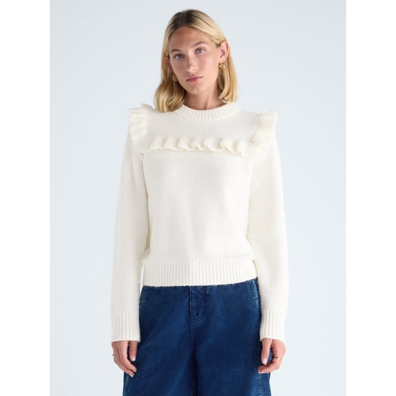 Free Assembly Women’s and Women's Plus Ruffle Yoke Sweater with Long Sleeves, Midweight, XS-4X