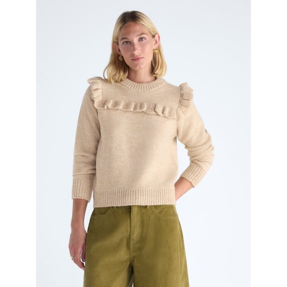 Free Assembly Women’s and Women's Plus Ruffle Yoke Sweater with Long Sleeves, Midweight, XS-4X