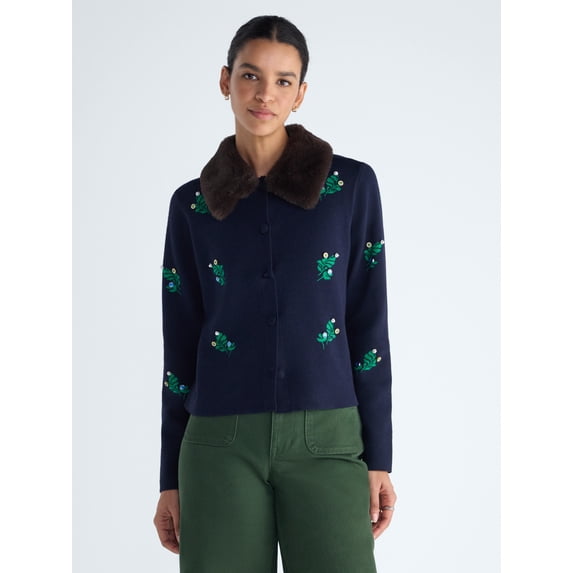 Free Assembly Women’s and Women's Plus Cardigan Sweater with Faux Fur Collar, Midweight, XS-4X