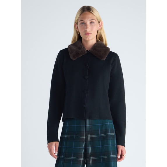 Free Assembly Women’s and Women's Plus Cardigan Sweater with Faux Fur Collar, Midweight, XS-4X