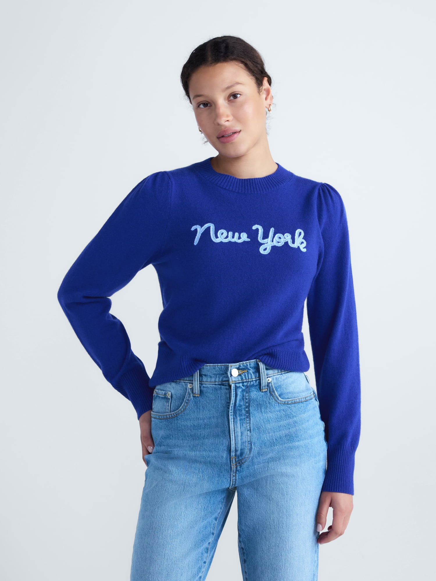 Free Assembly Women's and Plus Cashmere Sweater with Puff Sleeves, Midweight, Sizes XXS-4X