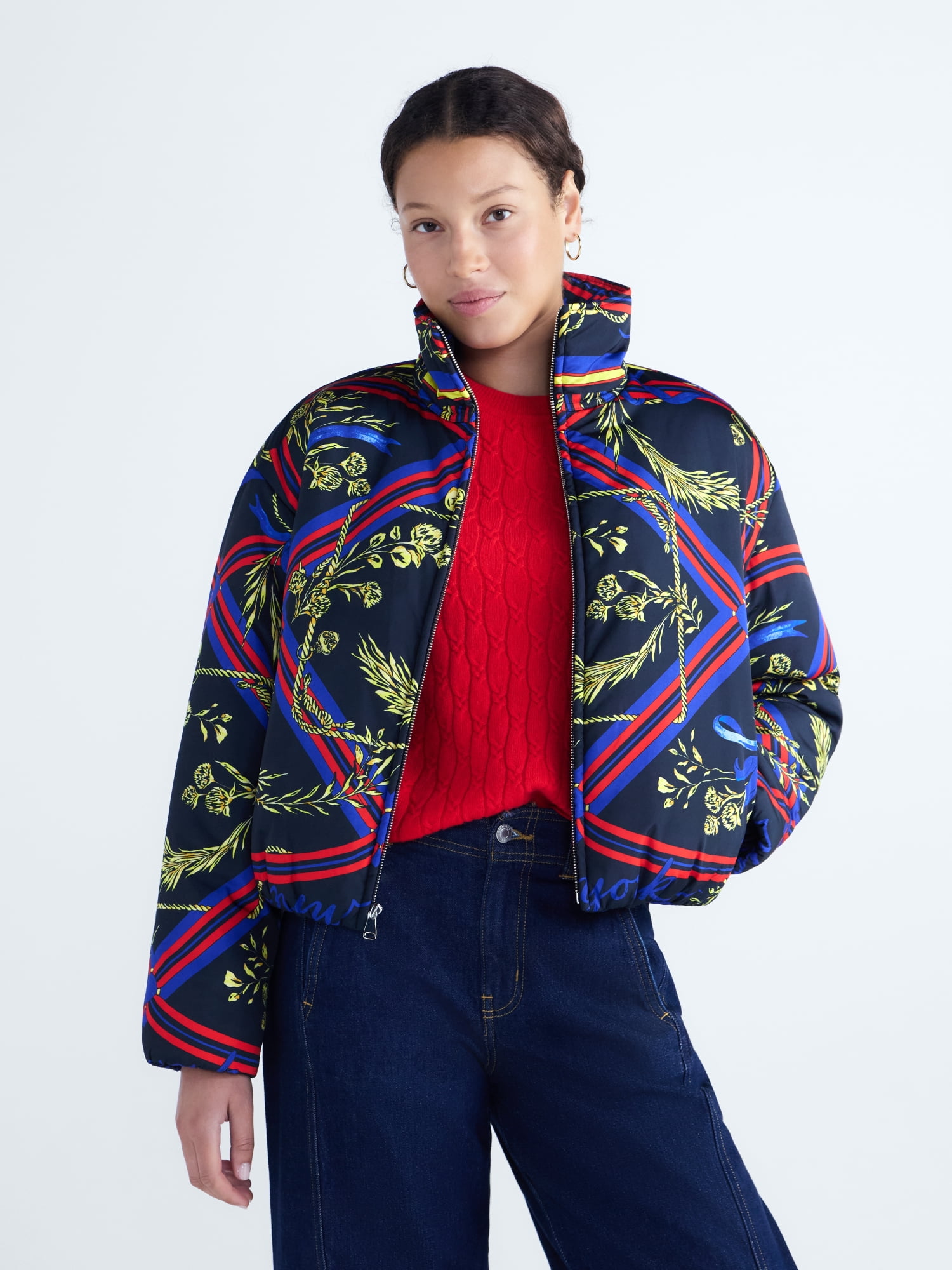 Free Assembly Women's and Women's Plus Scarf Print Balloon Puffer Jacket, Sizes XXS-4X