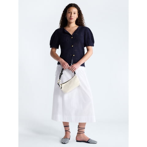 Women's and Women's Plus Pineapple Cardigan Sweater with Short Puff Sleeves, Lightweight, Sizes XS-4X