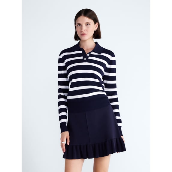 Free Assembly Women's and Women's Plus Polo Sweater with Long Sleeves, Lightweight, Sizes XS-4X