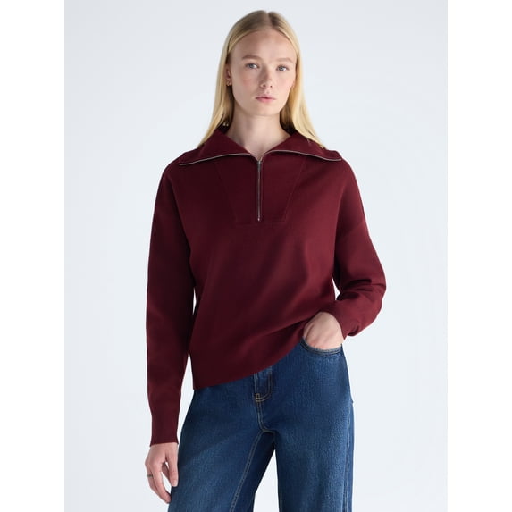Free Assembly Women's and Women's Plus Quarter Zip Sweater, Midweight, Sizes XS-4X