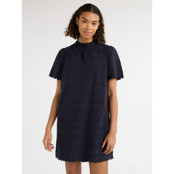 Free Assembly Women’s and Women's Plus Ruffle Neck Cotton Eyelet Mini Dress with Short Sleeves, Sizes XS-4X