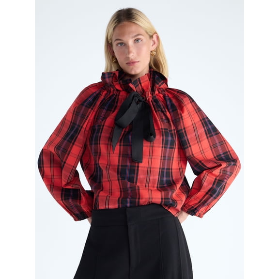 Free Assembly Women's and Women's Plus Ruffle Tie Neck Cotton Top with Long Sleeves, Sizes XS-4X