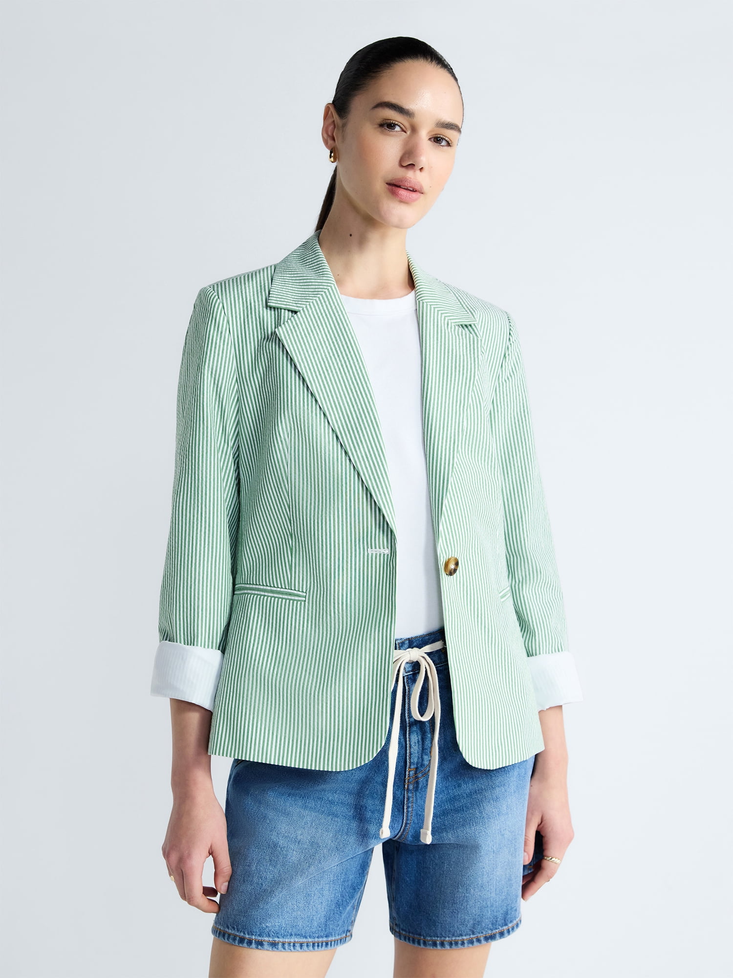 Free Assembly Women's and Women's Plus Single Breasted Cotton Blazer, Sizes XS-4X