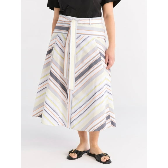 Free Assembly Women's and Women's Plus Size Belted Button Front Cotton Midi Skirt, XS-4X