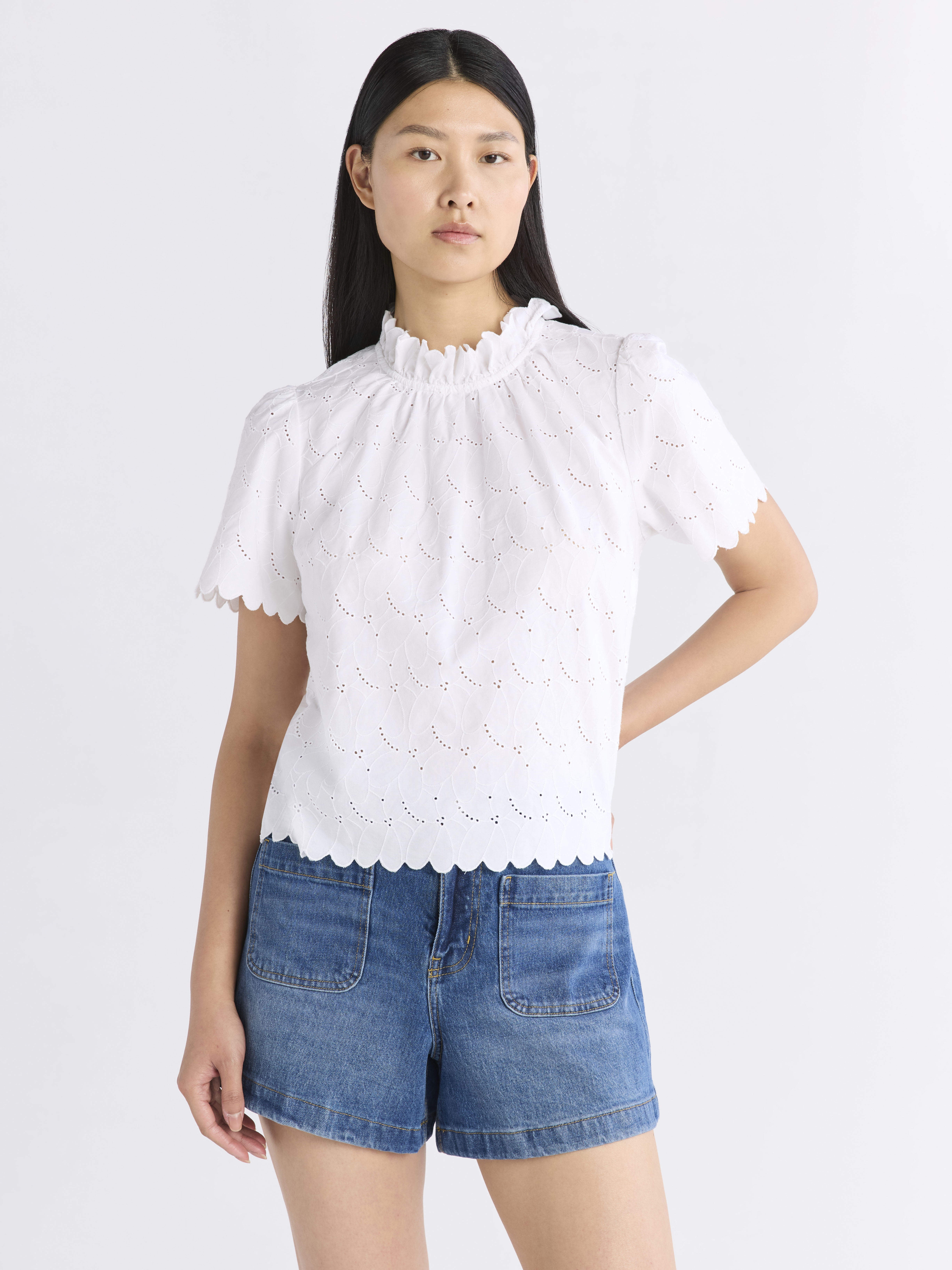 Free Assembly Women's Ruffle Cotton Eyelet Top with Short Sleeves, Sizes XS-4X