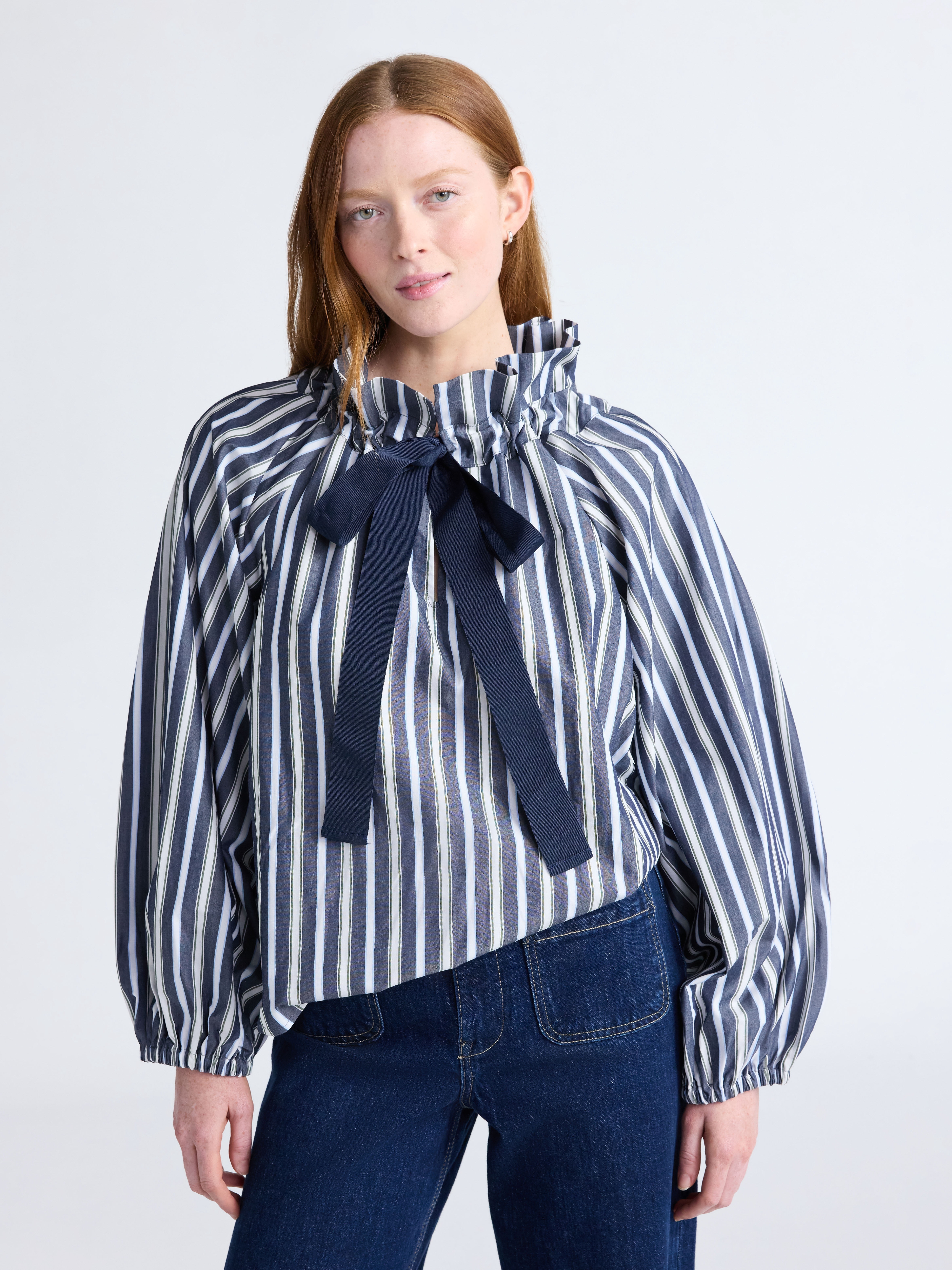 Free Assembly Women's and Women's Plus Size Ruffle Neck Cotton Top with Long Sleeves, XS-4X