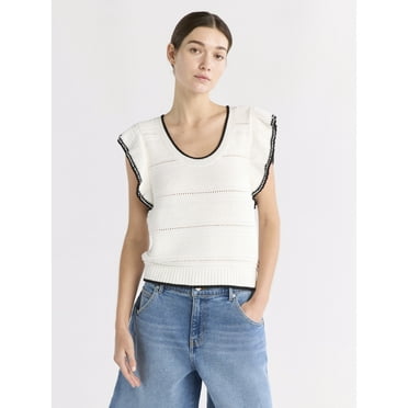 Free Assembly Women's and Women's Plus Size Pointelle Sweater Tank Top with Flutter Sleeves, Lightweight, Sizes XS-4X