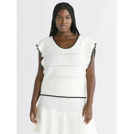 Free Assembly Women's and Women's Plus Size Pointelle Sweater Tank Top with Flutter Sleeves, Lightweight, Sizes XS-4X