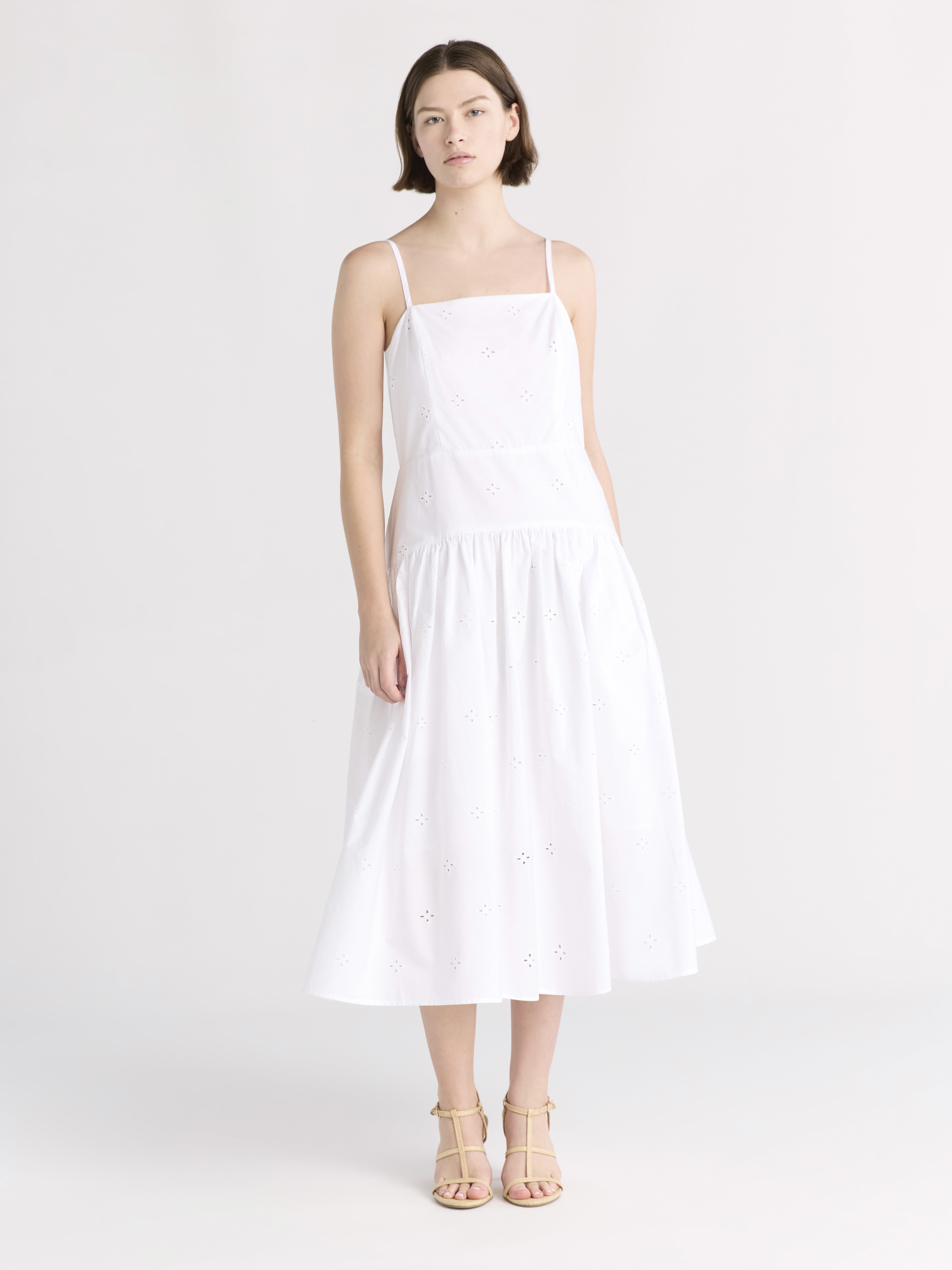 white christmas dresses White Square Neck Smocked Bodice Cap Sleeve Eyelet Maxi Dress – SSYS main image 1