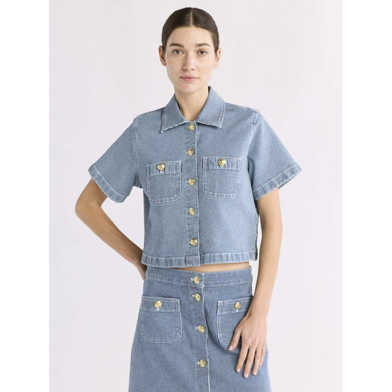 Free Assembly Women's and Women's Plus Striped Denim Cropped Shirt