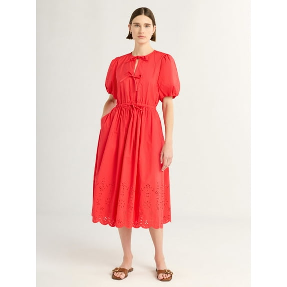 Free Assembly Women's and Women's Plus Tie Front Cotton Eyelet Midi Dress with Short Puff Sleeves, Sizes XS-4X