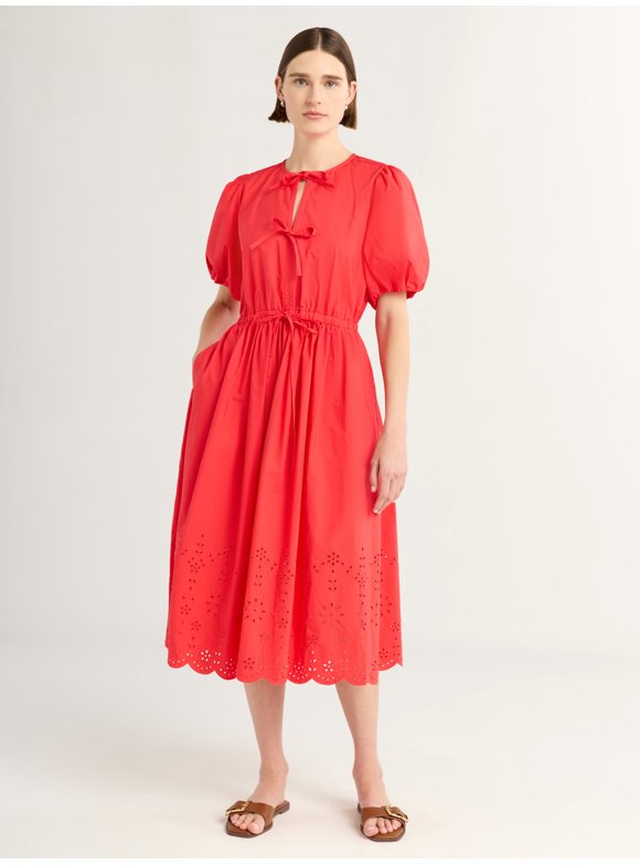 Women's and Women's Plus Tie Front Cotton Eyelet Midi Dress with Short Puff Sleeves, Sizes XS-4X