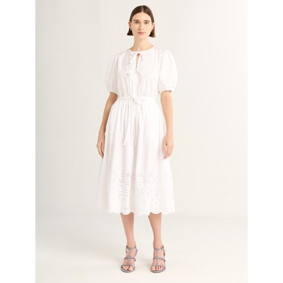 Free Assembly Women's and Women's Plus Tie Front Cotton Eyelet Midi Dress with Short Puff Sleeves, Sizes XS-4X