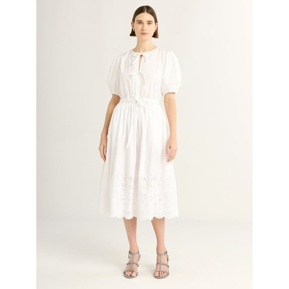 Free Assembly Women's and Women's Plus Tie Front Cotton Eyelet Midi Dress with Short Puff Sleeves, Sizes XS-4X