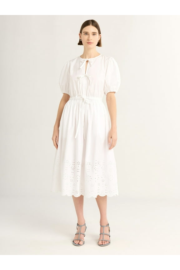 Women's and Women's Plus Tie Front Cotton Eyelet Midi Dress with Short Puff Sleeves, Sizes XS-4X