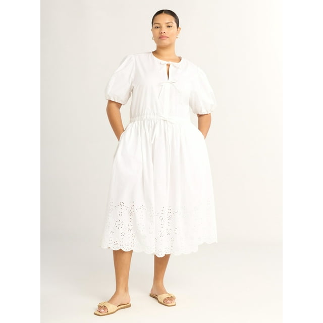 Free Assembly Women's and Women's Plus Tie Front Cotton Eyelet Midi Dress with Short Puff Sleeves, Sizes XS-4X