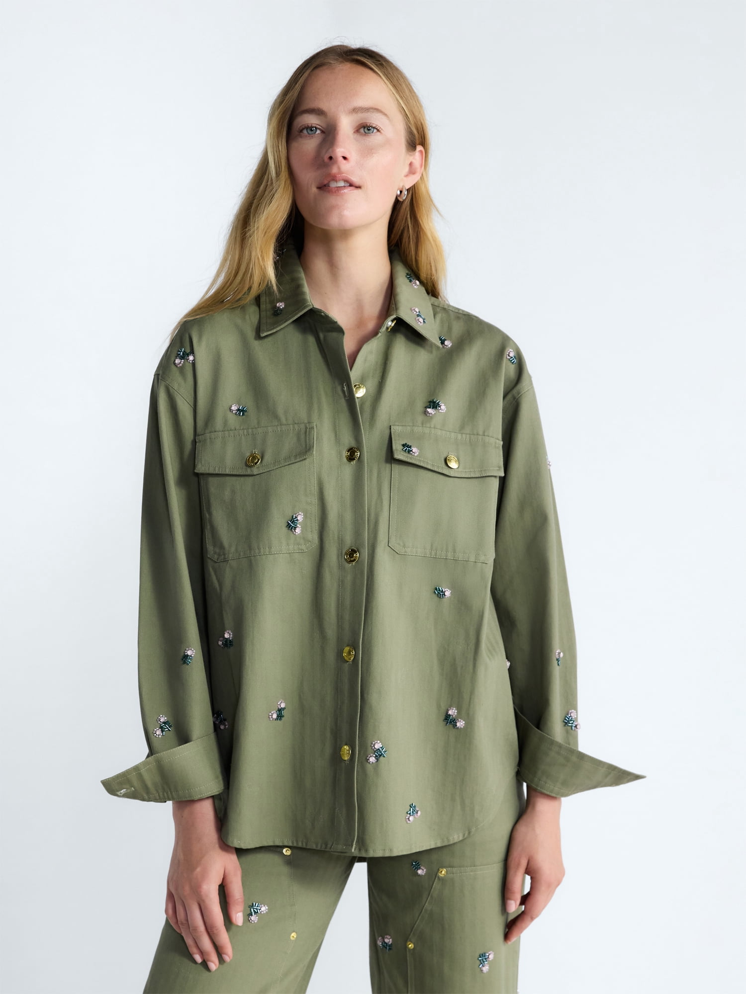 Free Assembly Women's and Women's Plus Embellished Cotton Utility Shirt with Long Sleeves, Sizes XS-4X